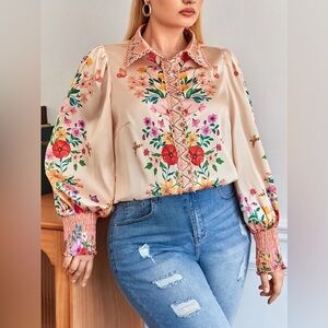 Shein - Floral Mixed Media Button Down Blouse